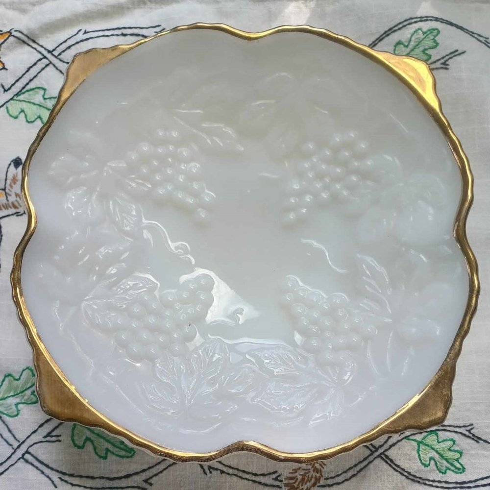 Retro MCM Footed Milk Glass Bowl Gold Rim Embossed Grape Pattern Anchor Hocking